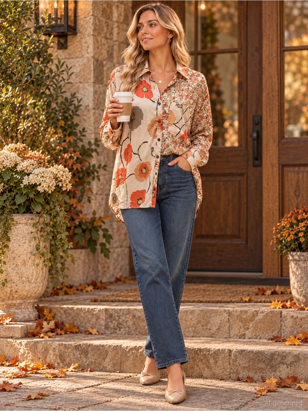 Entro Mixed Floral Satin Button Down Blouse Boho Fall Top S